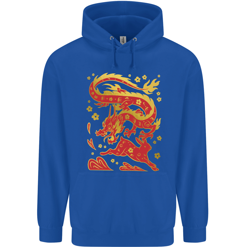 Chinese New Year Dragon vs Rabbit Mens 80% Cotton Hoodie Royal Blue