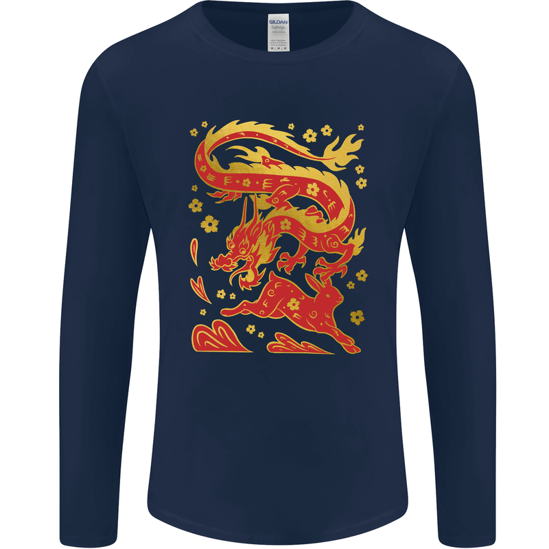 Chinese New Year Dragon vs Rabbit Mens Long Sleeve T-Shirt Navy Blue