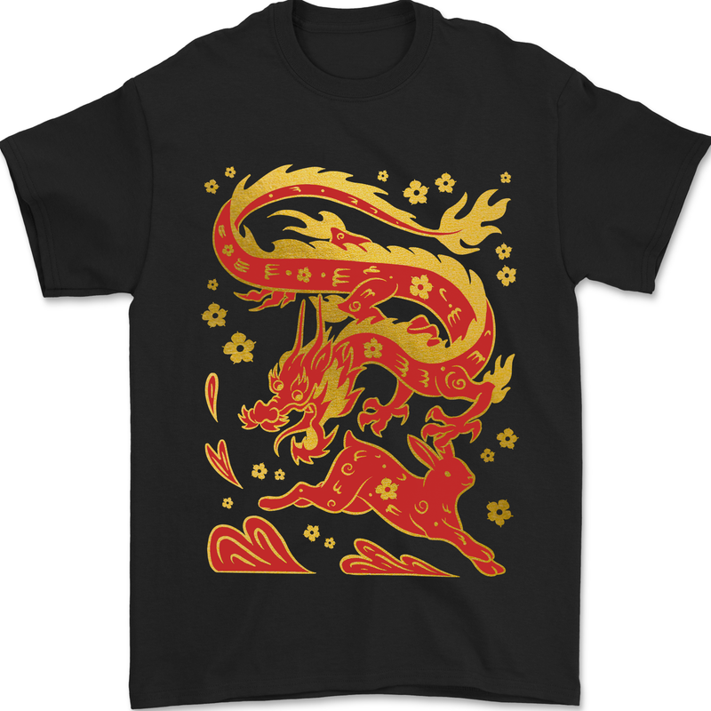 Chinese New Year Dragon vs Rabbit Mens T-Shirt 100% Cotton Black