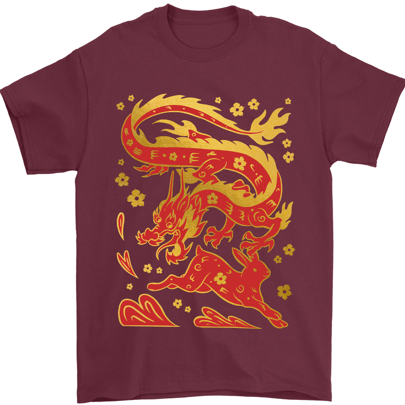 Chinese New Year Dragon vs Rabbit Mens T-Shirt 100% Cotton Maroon