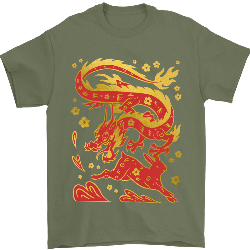 Chinese New Year Dragon vs Rabbit Mens T-Shirt 100% Cotton Military Green