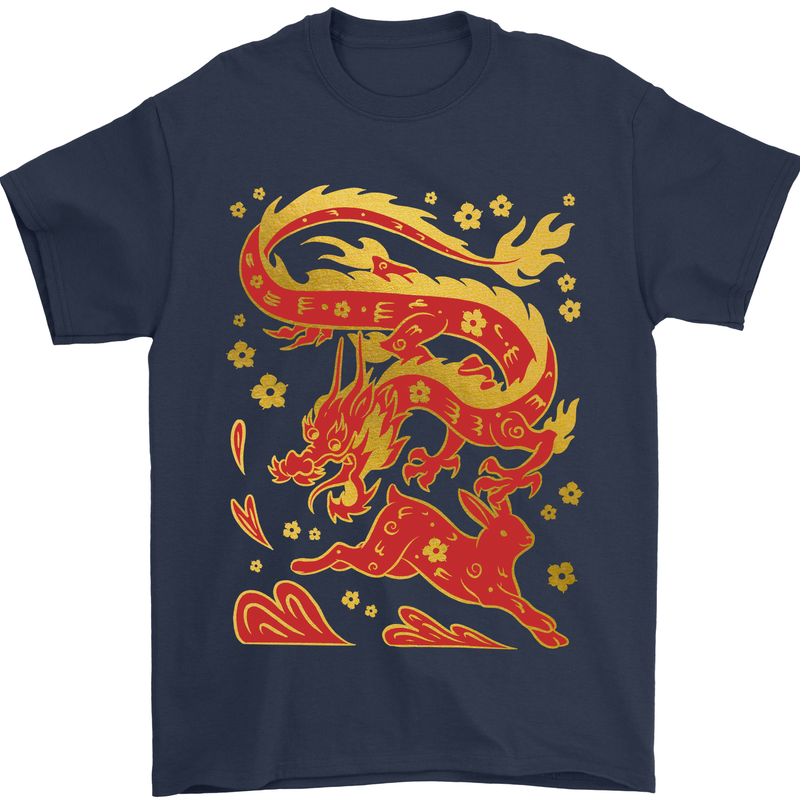 Chinese New Year Dragon vs Rabbit Mens T-Shirt 100% Cotton Navy Blue
