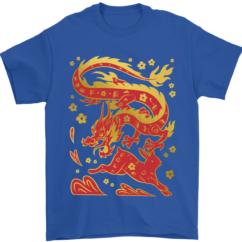 Chinese New Year Dragon vs Rabbit Mens T-Shirt 100% Cotton Royal Blue