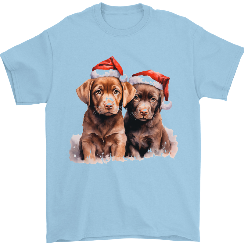 Chocolate Labrador Christmas Puppies Xmas Mens T-Shirt 100% Cotton Light Blue
