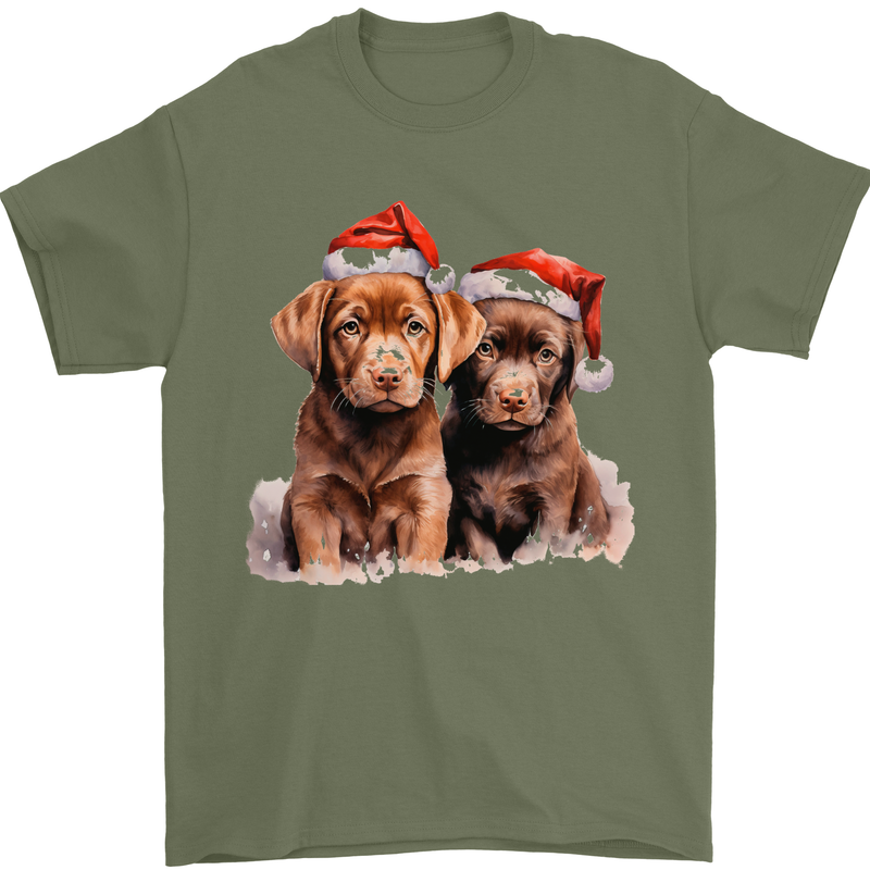 Chocolate Labrador Christmas Puppies Xmas Mens T-Shirt 100% Cotton Military Green