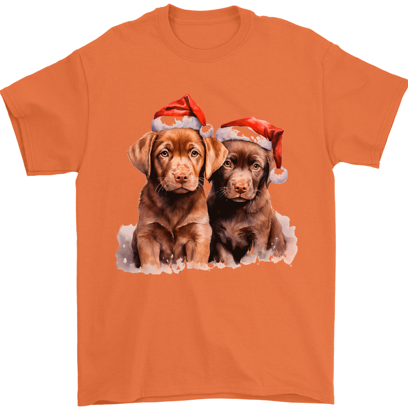 Chocolate Labrador Christmas Puppies Xmas Mens T-Shirt 100% Cotton Orange