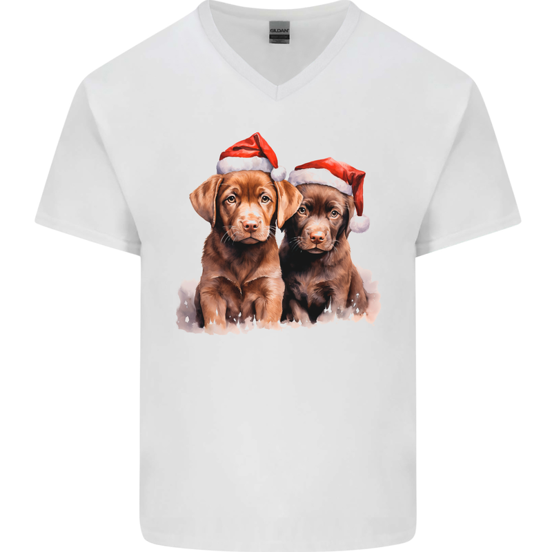 Chocolate Labrador Christmas Puppies Xmas Mens V-Neck Cotton T-Shirt White