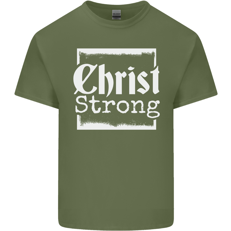 Christ Strong Christianity Christian God Jesus Mens Cotton T-Shirt Tee Top Military Green