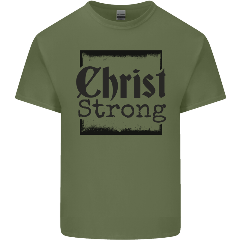 Christ Strong Christianity Christian Jesus God Mens Cotton T-Shirt Tee Top Military Green
