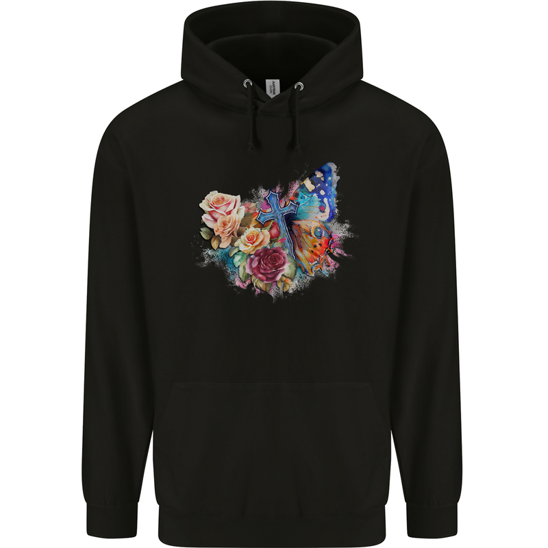 Christian Cross & Butterfly With Flowers Mens 80% Cotton Hoodie Black