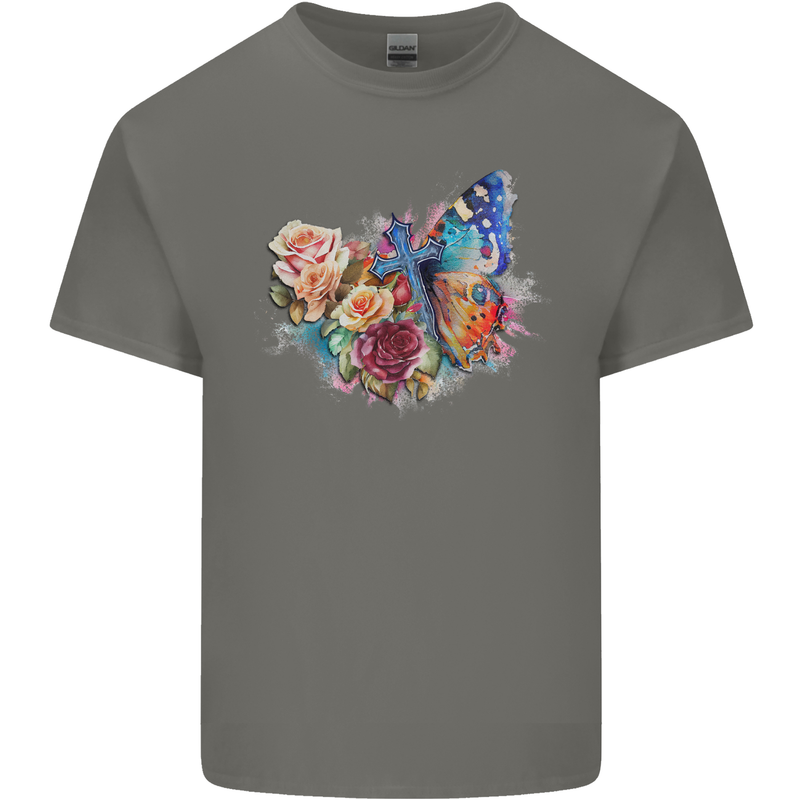 Christian Cross & Butterfly With Flowers Mens Cotton T-Shirt Tee Top Charcoal