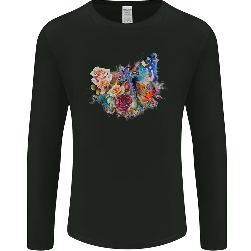 Christian Cross & Butterfly With Flowers Mens Long Sleeve T-Shirt Black