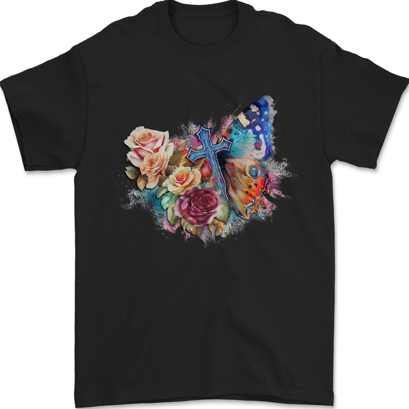 Christian Cross & Butterfly With Flowers Mens T-Shirt 100% Cotton Black