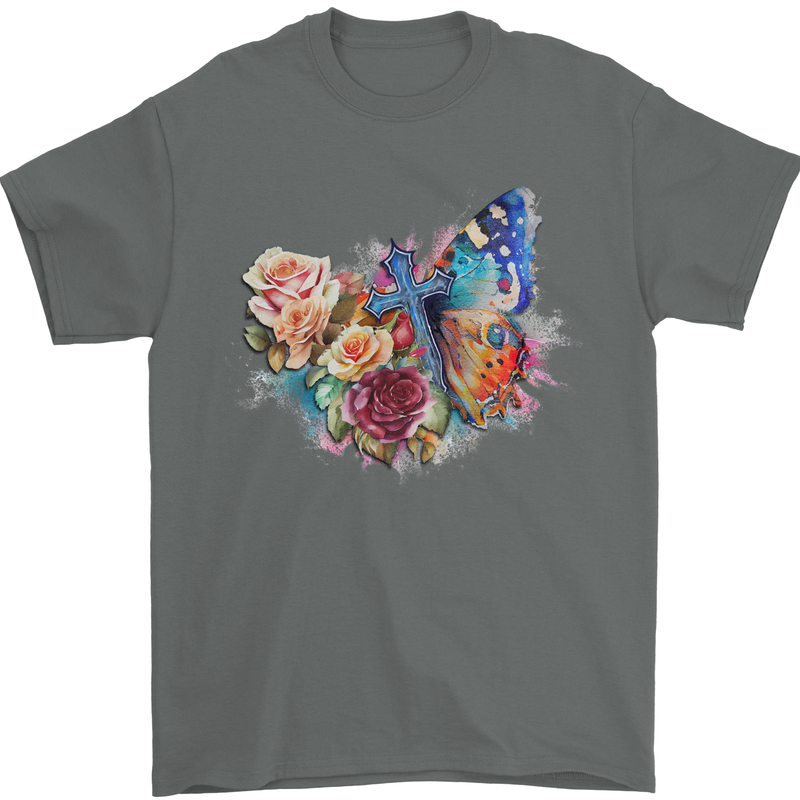 Christian Cross & Butterfly With Flowers Mens T-Shirt 100% Cotton Charcoal