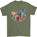 Christian Cross & Butterfly With Flowers Mens T-Shirt 100% Cotton Military Green