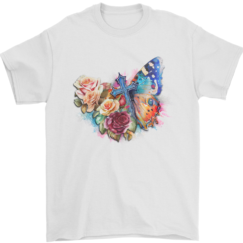 Christian Cross & Butterfly With Flowers Mens T-Shirt 100% Cotton White