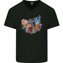 Christian Cross & Butterfly With Flowers Mens V-Neck Cotton T-Shirt Black