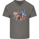 Christian Cross & Butterfly With Flowers Mens V-Neck Cotton T-Shirt Charcoal
