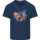 Christian Cross & Butterfly With Flowers Mens V-Neck Cotton T-Shirt Navy Blue