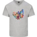 Christian Cross & Butterfly With Flowers Mens V-Neck Cotton T-Shirt Sports Grey
