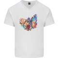Christian Cross & Butterfly With Flowers Mens V-Neck Cotton T-Shirt White