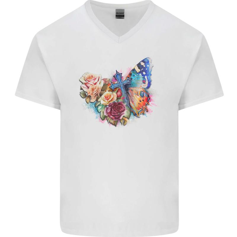 Christian Cross & Butterfly With Flowers Mens V-Neck Cotton T-Shirt White