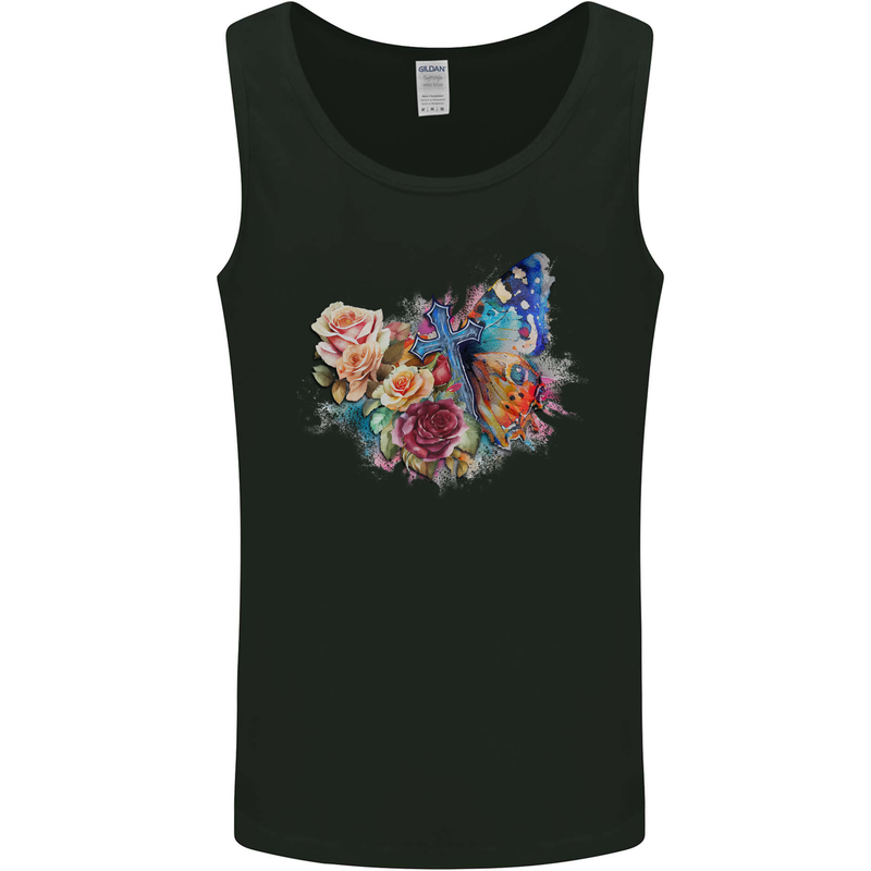 Christian Cross & Butterfly With Flowers Mens Vest Tank Top Black