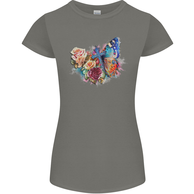 Christian Cross & Butterfly With Flowers Womens Petite Cut T-Shirt Charcoal