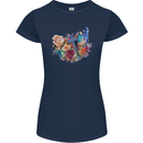 Christian Cross & Butterfly With Flowers Womens Petite Cut T-Shirt Navy Blue