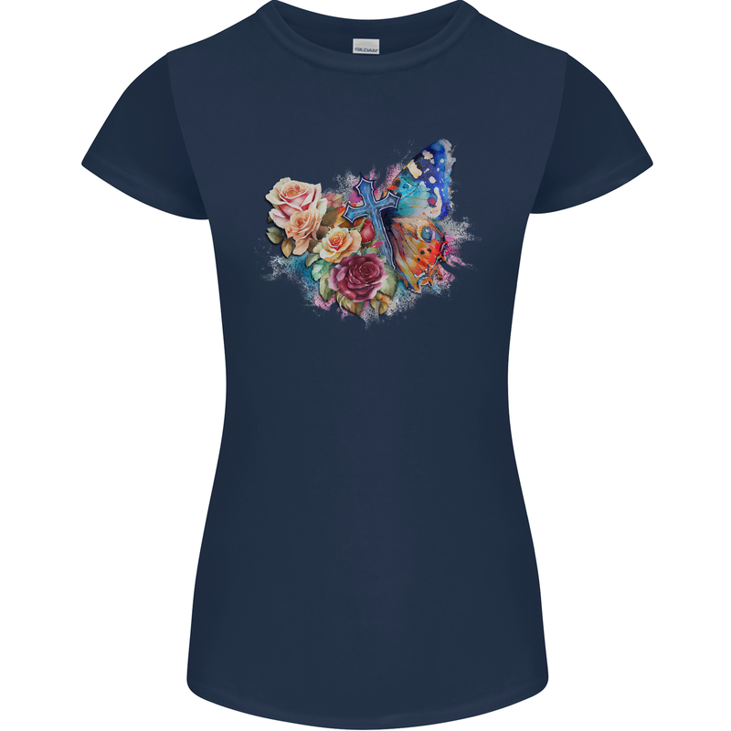 Christian Cross & Butterfly With Flowers Womens Petite Cut T-Shirt Navy Blue