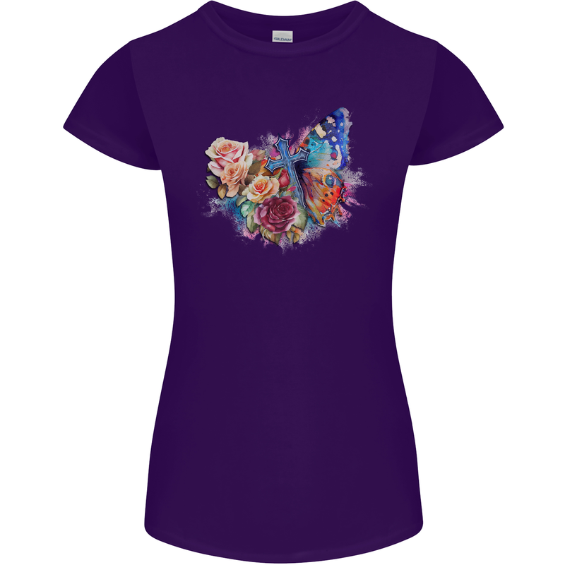 Christian Cross & Butterfly With Flowers Womens Petite Cut T-Shirt Purple