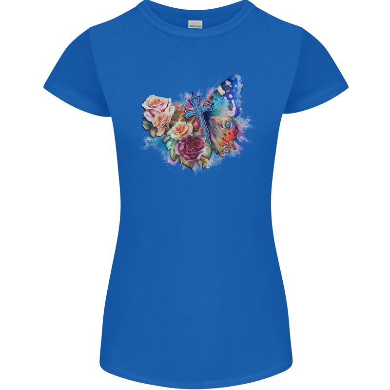 Christian Cross & Butterfly With Flowers Womens Petite Cut T-Shirt Royal Blue