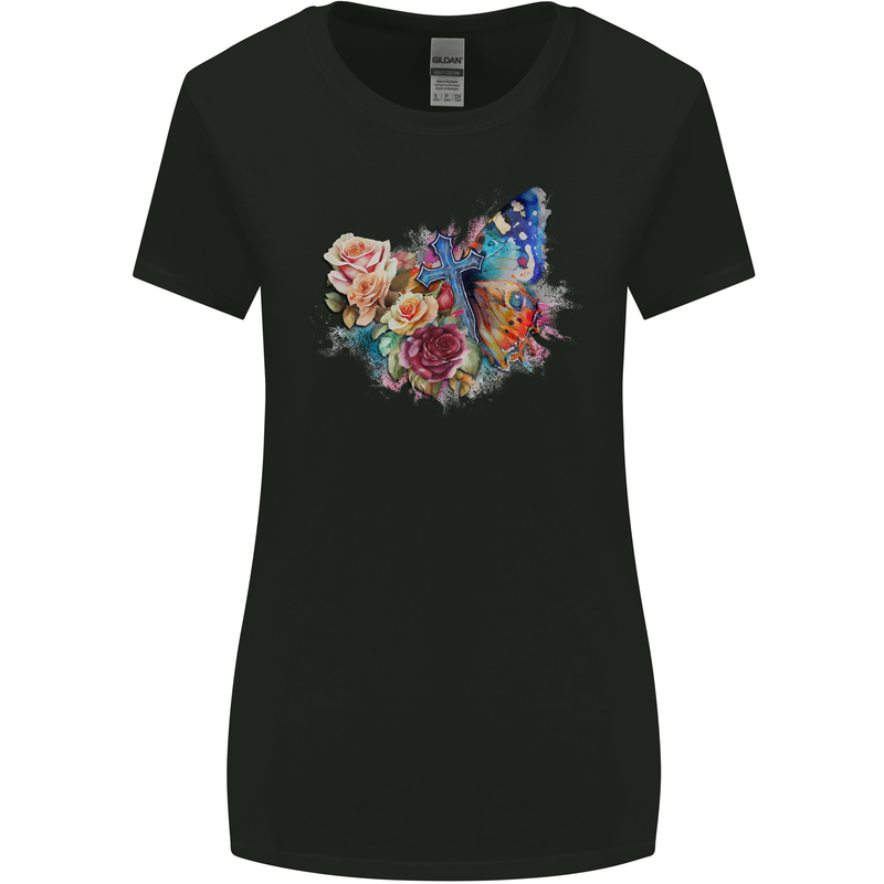 Christian Cross & Butterfly With Flowers Womens Wider Cut T-Shirt Black