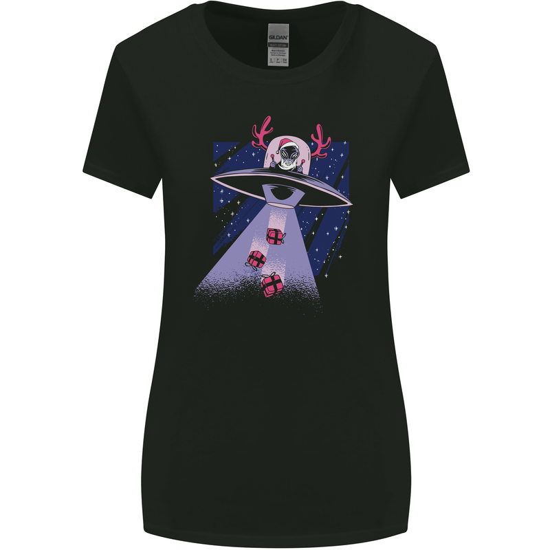 Christmas Alien Xmas Present Abduction UFO Funny Womens Wider Cut T-Shirt Black