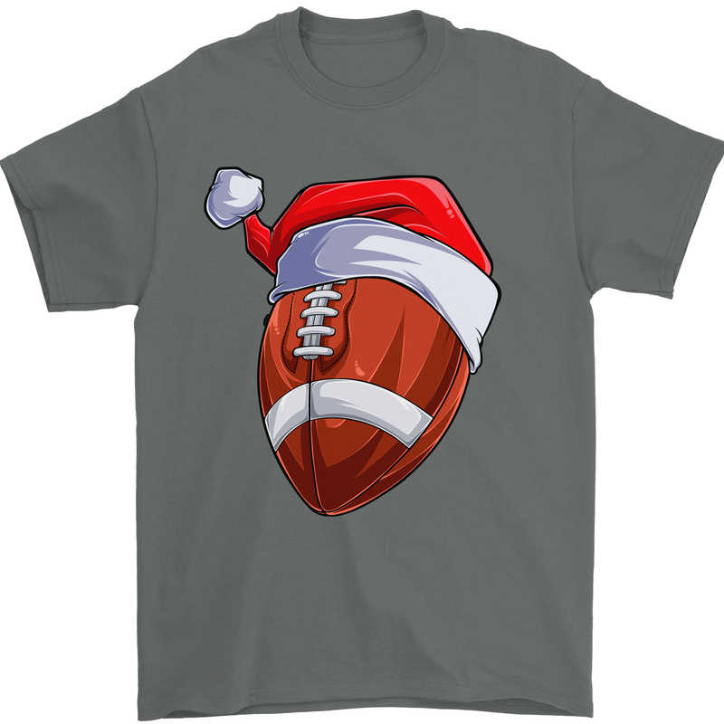Christmas American Football Santa Hat Xmas Mens T-Shirt 100% Cotton Charcoal