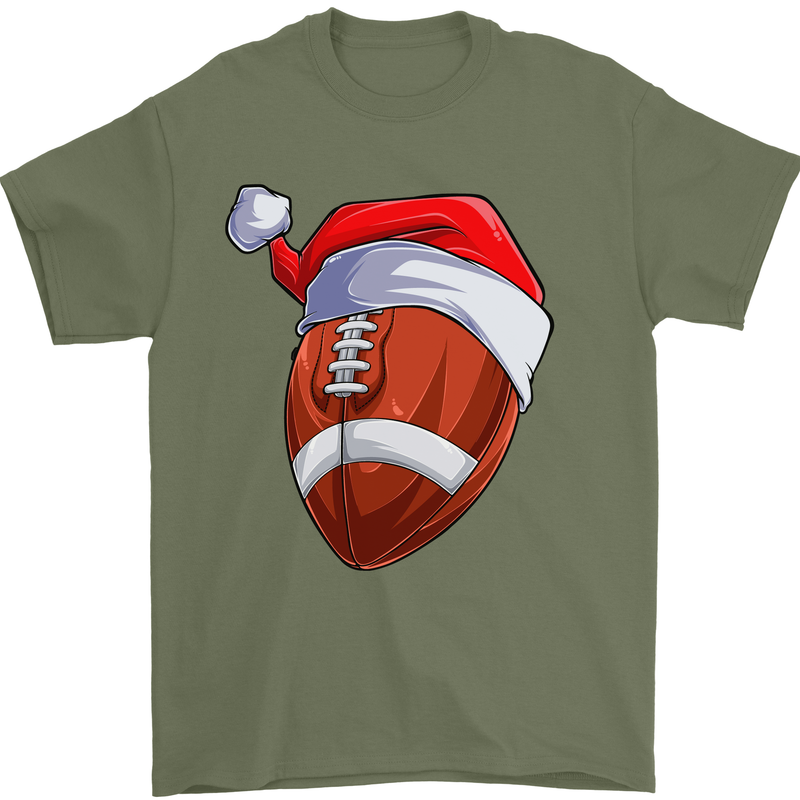 Christmas American Football Santa Hat Xmas Mens T-Shirt 100% Cotton Military Green