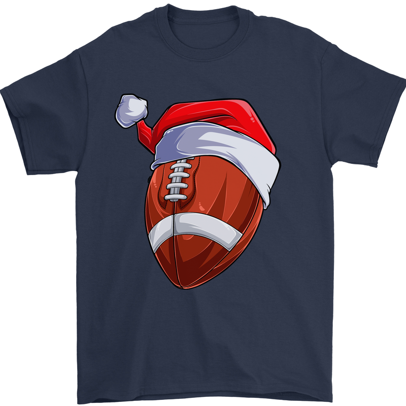 Christmas American Football Santa Hat Xmas Mens T-Shirt 100% Cotton Navy Blue