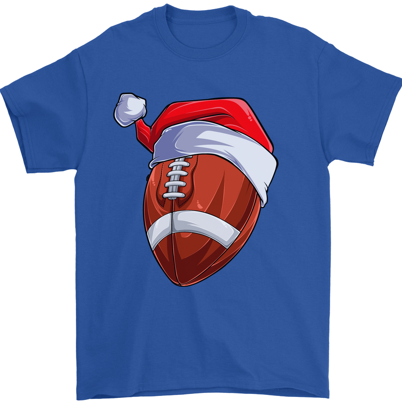 Christmas American Football Santa Hat Xmas Mens T-Shirt 100% Cotton Royal Blue