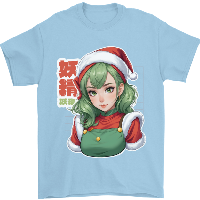 Christmas Anime Girl Xmas Mens T-Shirt 100% Cotton Light Blue