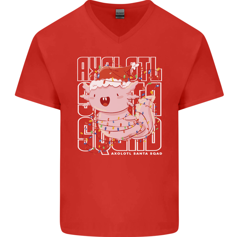 Christmas Axolotl Xmas Mens V-Neck Cotton T-Shirt Red