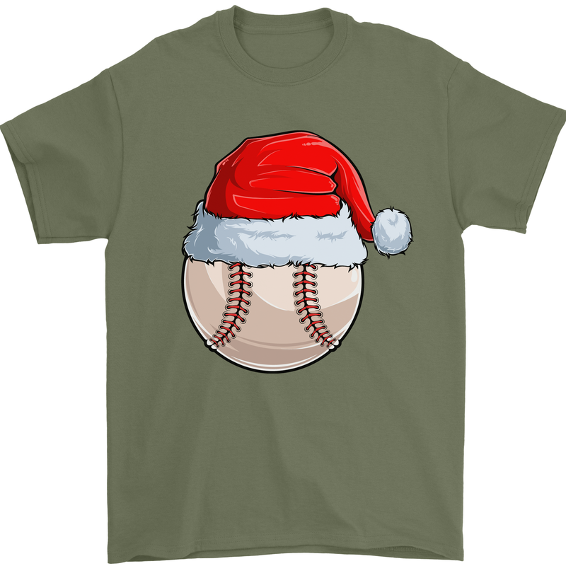 Christmas Baseball With a Santa Hat Xmas Mens T-Shirt 100% Cotton Military Green