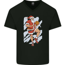 Christmas Basketball Santa Xmas Mens V-Neck Cotton T-Shirt Black