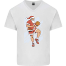 Christmas Basketball Santa Xmas Mens V-Neck Cotton T-Shirt White
