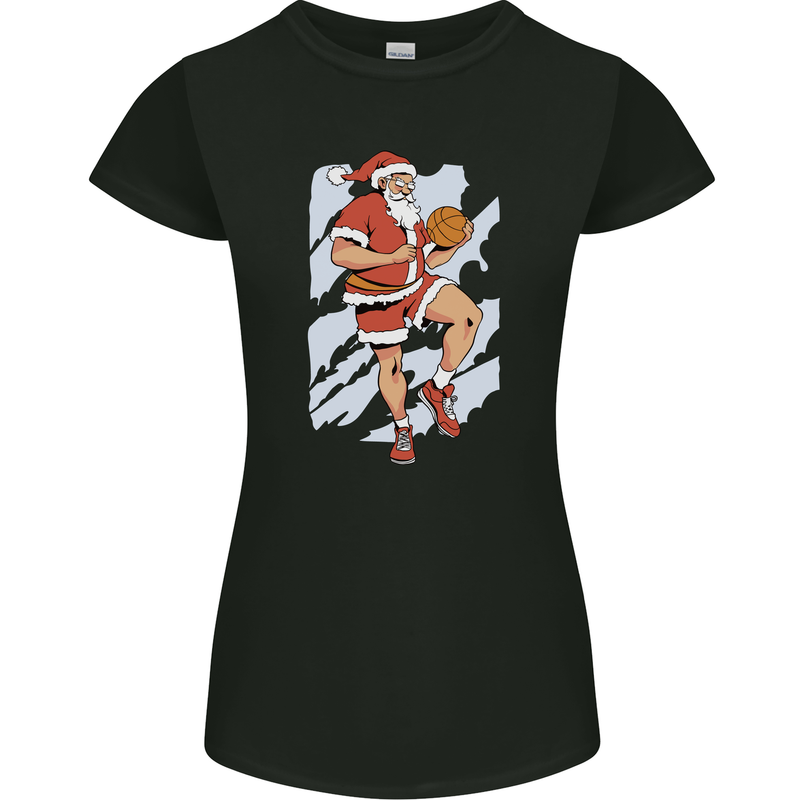 Christmas Basketball Santa Xmas Womens Petite Cut T-Shirt Black