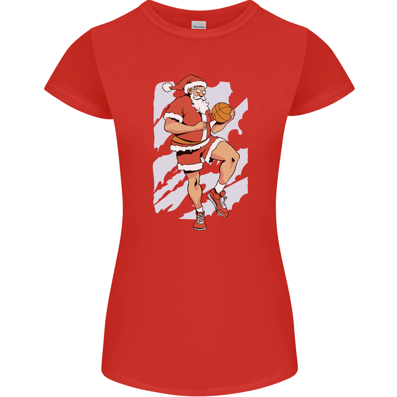 Christmas Basketball Santa Xmas Womens Petite Cut T-Shirt Red