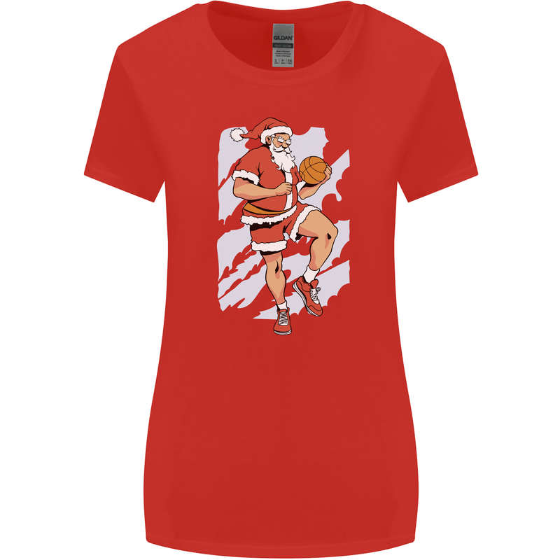 Christmas Basketball Santa Xmas Womens Wider Cut T-Shirt Red