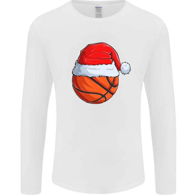 Christmas Basketball With a Santa Hat Xmas Mens Long Sleeve T-Shirt White