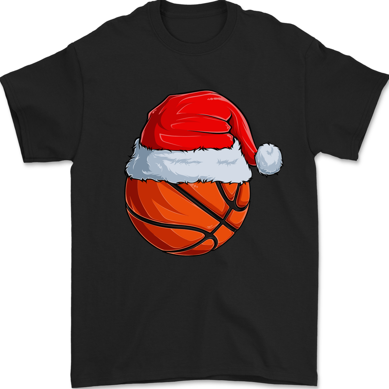 Christmas Basketball With a Santa Hat Xmas Mens T-Shirt 100% Cotton Black