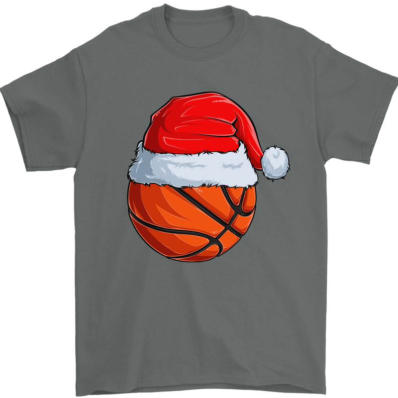 Christmas Basketball With a Santa Hat Xmas Mens T-Shirt 100% Cotton Charcoal