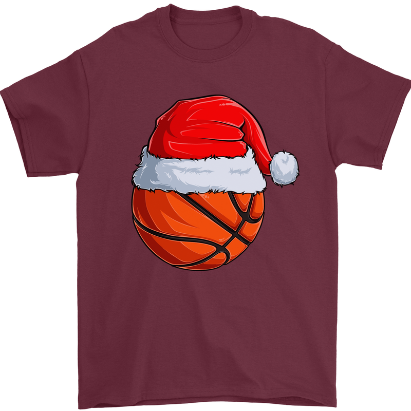 Christmas Basketball With a Santa Hat Xmas Mens T-Shirt 100% Cotton Maroon